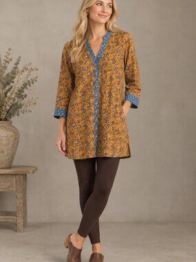 April Cornell Mustard Yellow Floral Cotton Tunic Top
